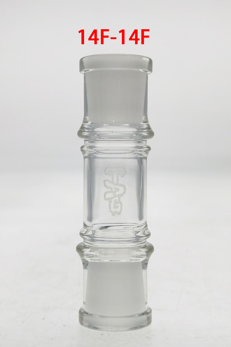 TAG Double Female Fitting Adapter for Bongs, 14mm to 14mm, Front View on White Background
