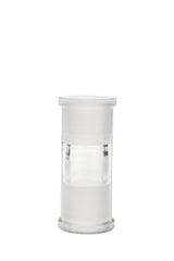 TAG Double Female Fitting Adapter for bongs, clear glass, 14mm to 10mm size, front view on white background