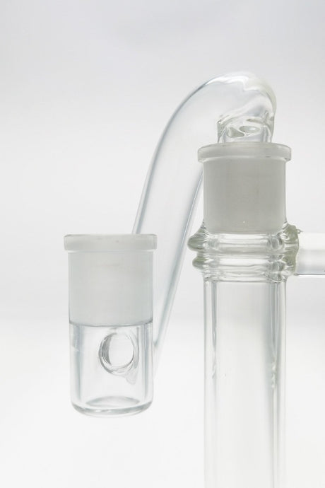 TAG Drop Down Adapter with 18MM Male to 18MM Female joint, clear glass, side view on white background