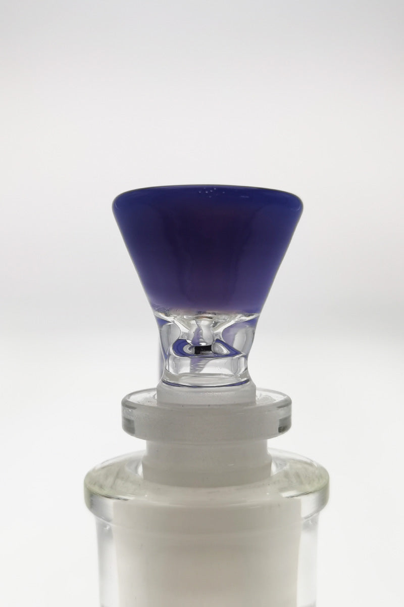 TAG Horn Handle Single Hole Slide in blue quartz, front view on bong, for 14-18mm female joints