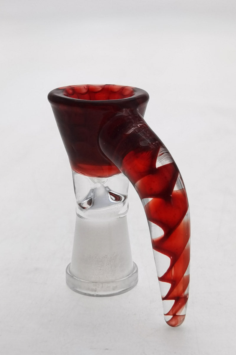 TAG Quartz Horn Handle Single Hole Slide for Bongs, Red Swirl, Female Joint Side View