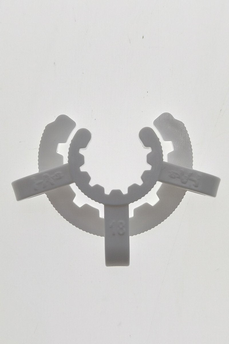 TAG - Clear Keck Clip for 18MM Joints - Front View on Seamless White Background