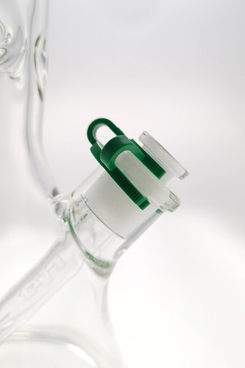 TAG - Green Keck Clip for 18MM Super Thick Joint - Close-up Side View on Glass Bong