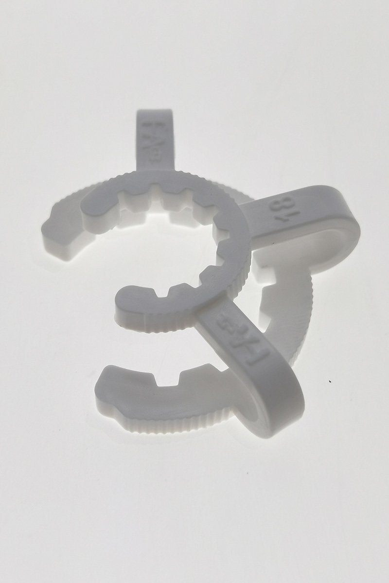 TAG - Keck Clip for 18MM Joints - Clear, Durable Plastic, Front View on Seamless White