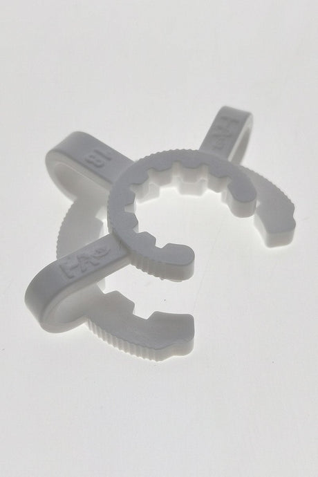 TAG Keck Clip in White, 18MM size for securing bong joints, front view on white background