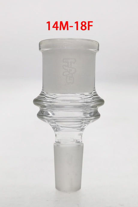 TAG brand clear glass 14mm male to 18mm female bong adapter with laser engraved logo