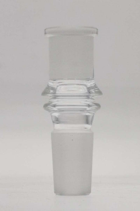 TAG clear glass adapter, 18mm male to 14mm female, for bong customization, front view on white background