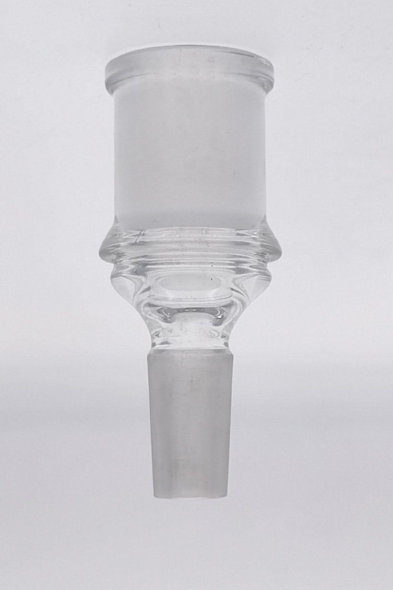 TAG clear glass male to female bong adapter, portable design, front view on white background