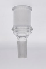 TAG clear glass male to female bong adapter, portable design, front view on white background
