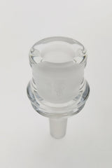 TAG clear glass male to female bong adapter, compact design, side view on white background