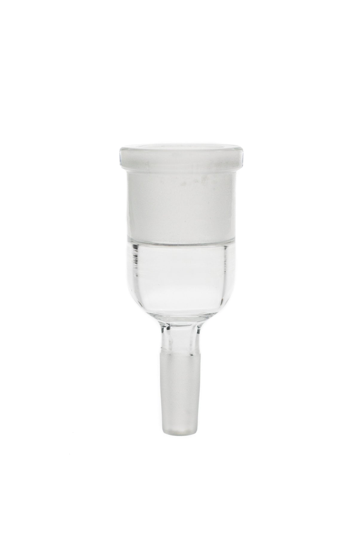 TAG clear glass male to female bong adapter, compact design, front view on white background