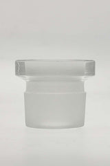 TAG clear borosilicate glass adapter, 28mm male to 18mm female, front view on white background