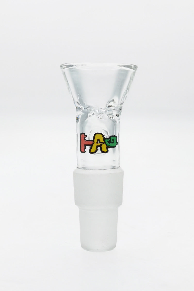 TAG Rasta Colored Male Slide with Pinched Screen and Handle for Bongs - Front View