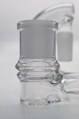 TAG No Drop Double Joint Shifter Adapter for bongs, clear glass, side view on white background