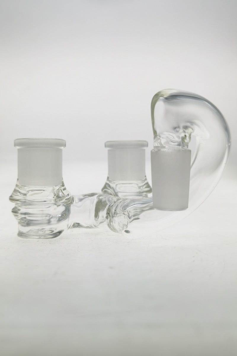 TAG Double Joint Shifter Adapter for bongs, clear glass, front view on white background