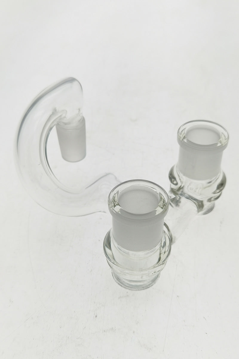 TAG Double Joint Shifter Adapter for Bongs, clear glass, angled side view on white background