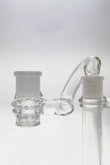 TAG Double Joint Shifter Adapter for Bongs, Clear Glass, Side View on Seamless White