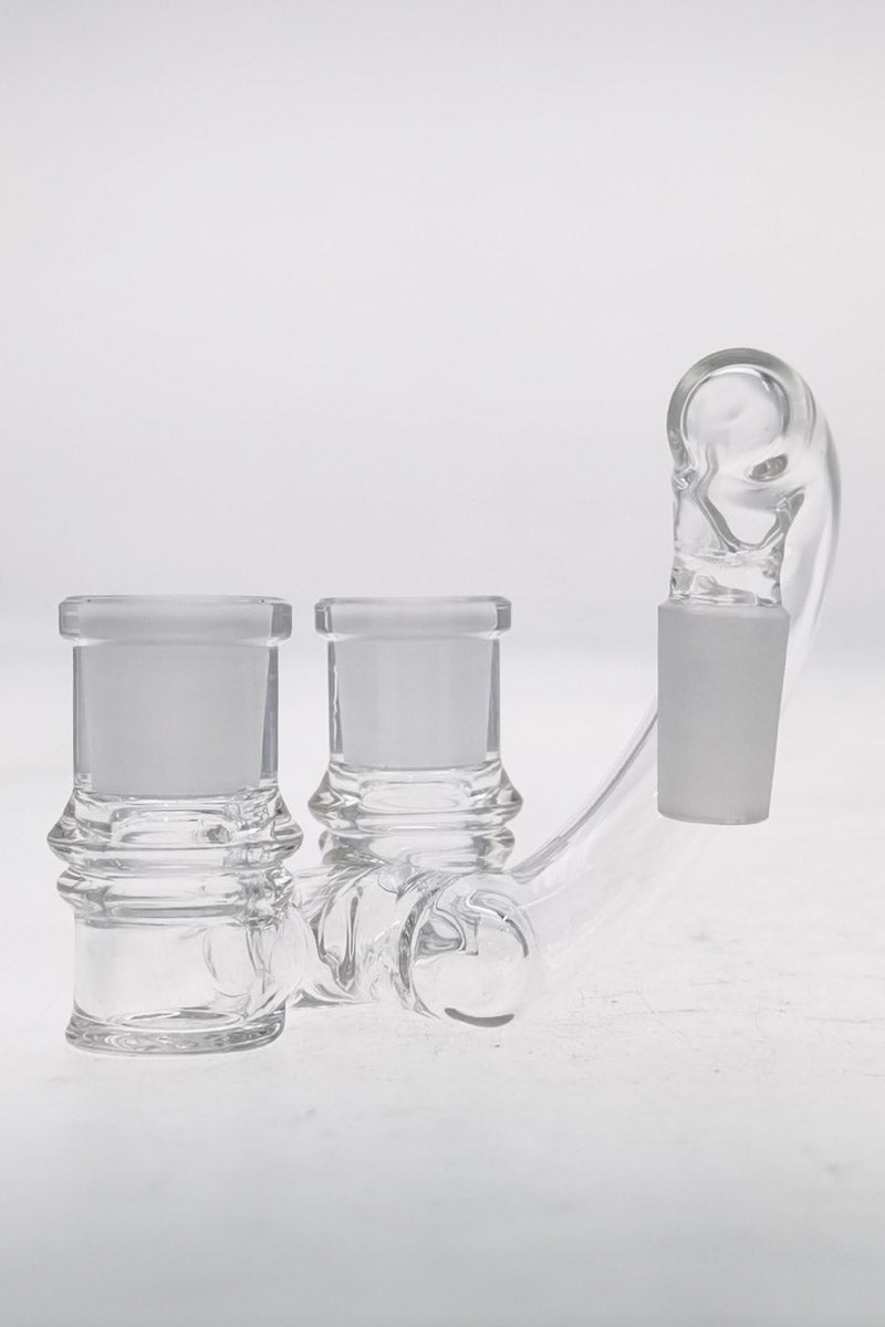 TAG Double Joint Shifter Adapter for Bongs, Clear Glass, Front View on Seamless White Background