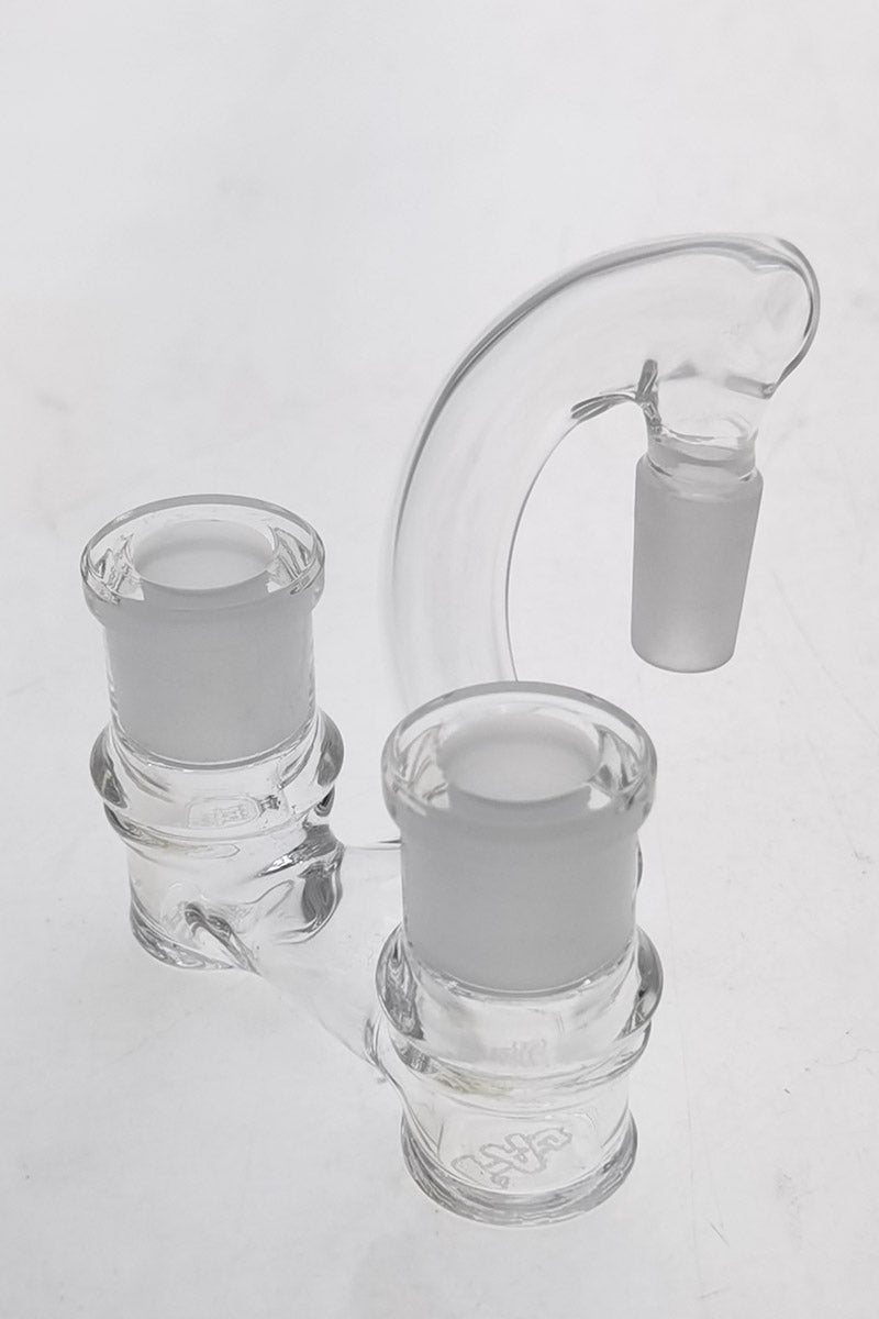 TAG Double Joint Shifter Adapter for bongs, clear glass, side view on white background