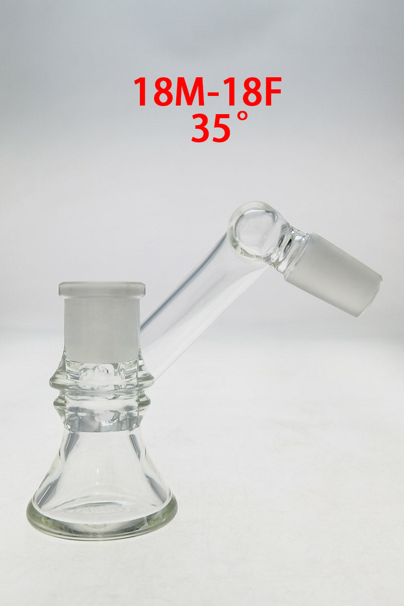 TAG Quartz Ash Catcher Adapter at 35° angle, 18MM Male to 18MM Female, clear with laser logo