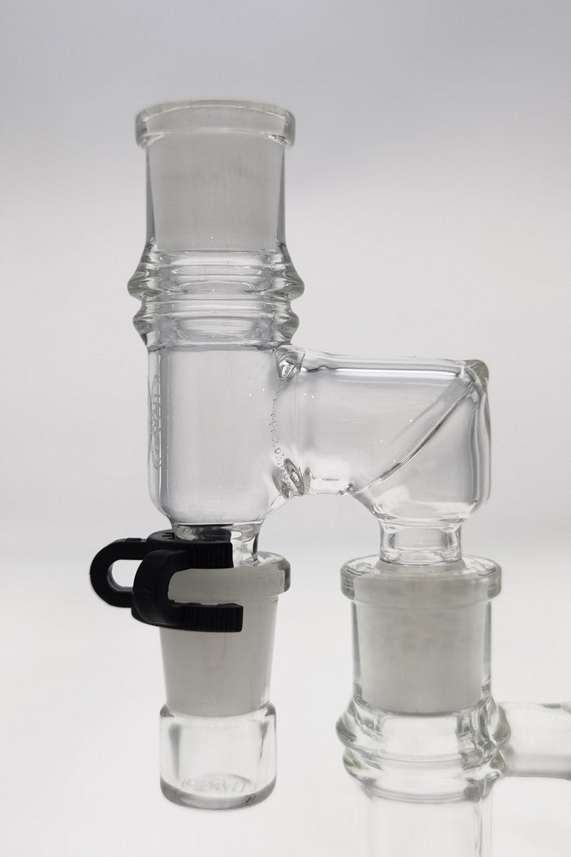 TAG Reclaim Adapter with Dish & Clip for Bongs, 14mm & 18mm, Clear Glass, Side View