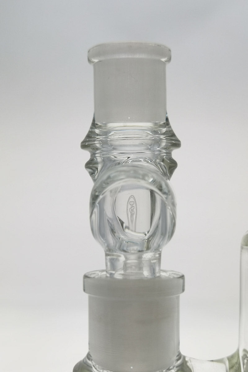 TAG Female Reclaim Adapter with Dish & Keck Clip for Bong, Clear Glass, Close-up View