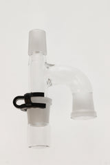 TAG Reclaim Adapter with side collecting dish and black keck clip for bongs, clear glass, front view
