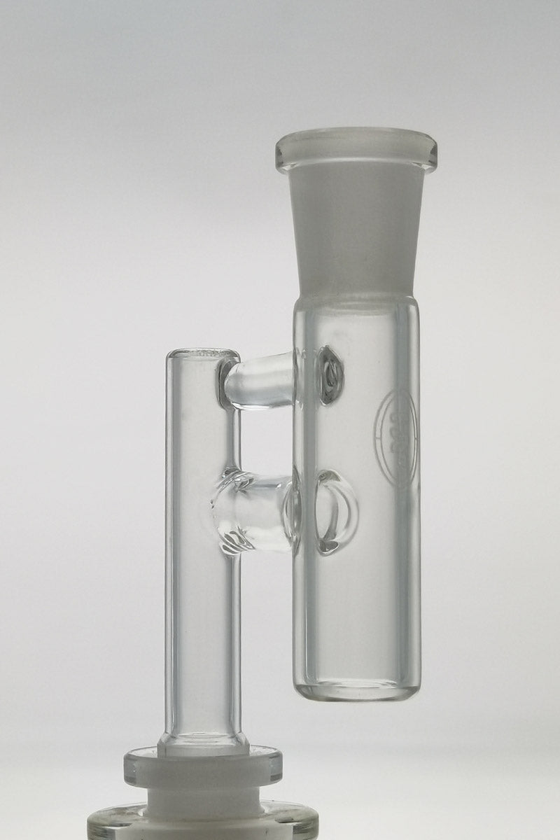 TAG - Universal Fit Reclaim Catcher Adapter for bongs, clear glass, side view, with male-female joint sizes