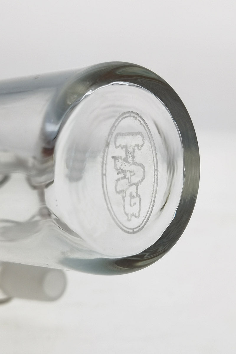 Close-up of TAG logo on Removable Downstem Ash Catcher for bongs, 18/14MM size, clear glass