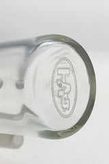 TAG brand logo on clear glass ash catcher, 18/14MM downstem, close-up top view