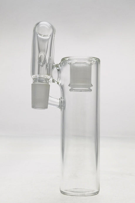 TAG clear quartz ash catcher with removable 18/14MM downstem, 4mm thick, side view on white background