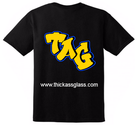 TAG black t-shirt with bold graffiti label on front, perfect for bong enthusiasts