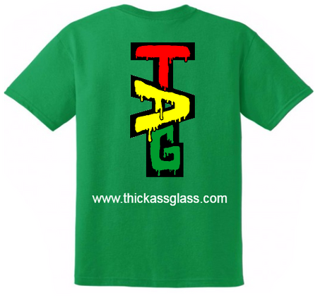 TAG T-Shirt in Green with Rasta Colored Logo on Back, Thick Ass Glass Apparel