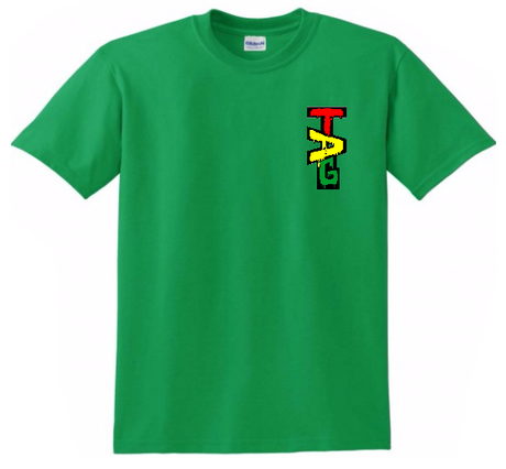 TAG T-Shirt in green with Rasta colored label on the front, sizes S to 3XL available