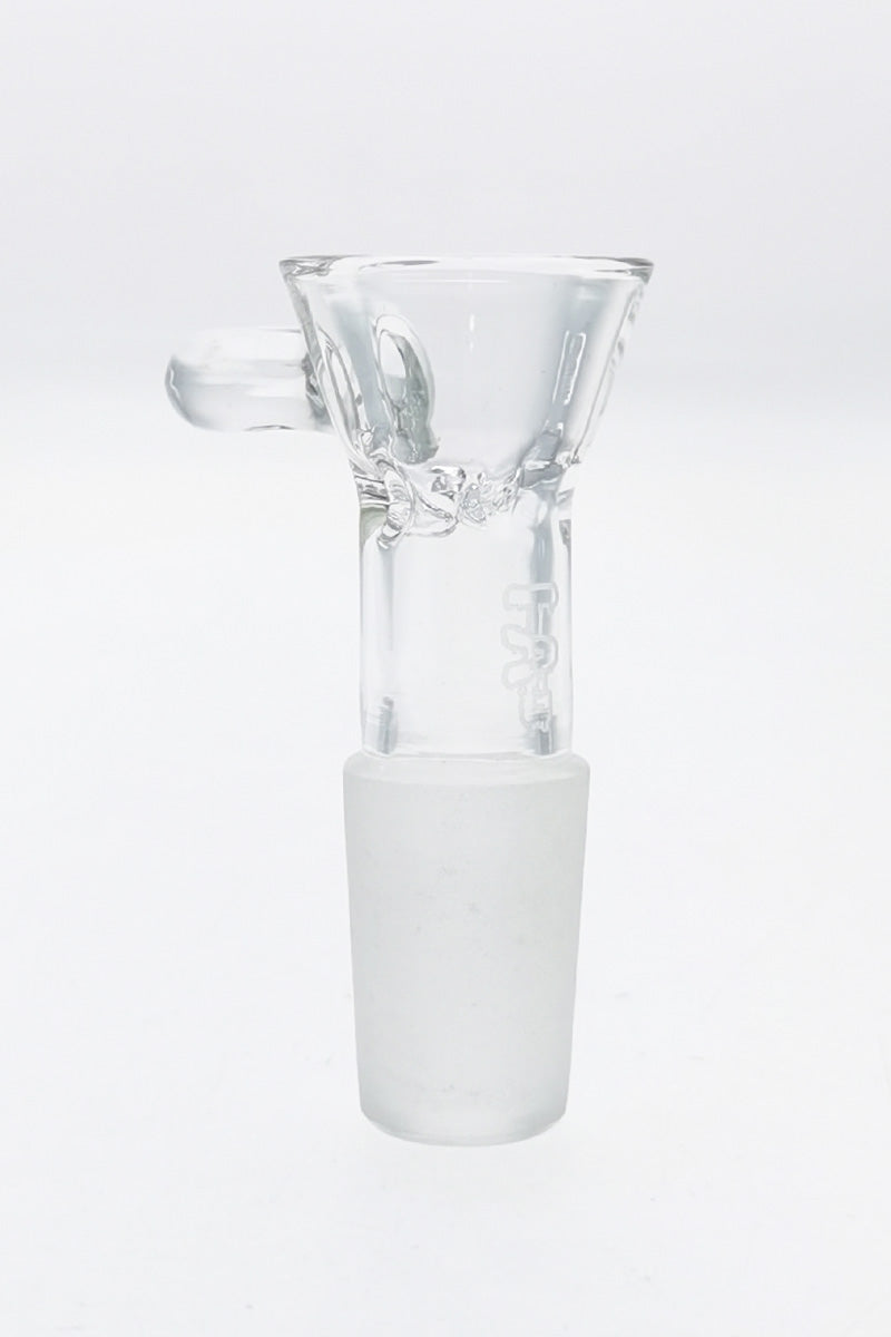 TAG Quartz Bong Bowl with Raised Handle and Pinched Screen, Front View on White Background