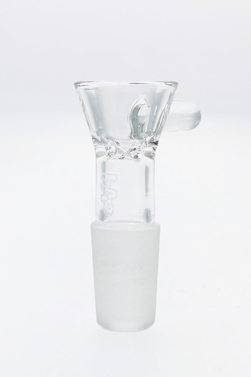 TAG Quartz Bong Bowl with Pinched Screen and Raised Handle on White Background