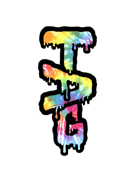 TAG Wavy Tie Dye Label Sticker in Rasta colors, front view on a seamless white background
