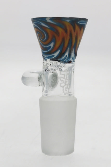 TAG Worked Reversal Bong Slide with Pinched Screen, Wigwag Design in Orange/Yellow/Black/White/Blue, Front View