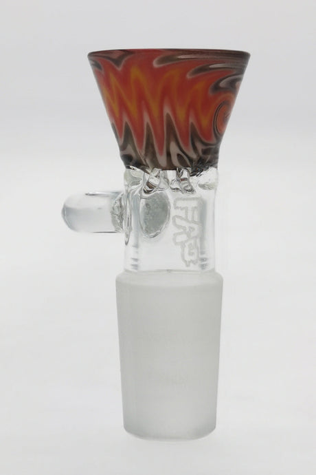 TAG Worked Reversal Slide with Pinched Screen and Handle, 18MM Male, Wigwag Pattern in Red/Yellow/Orange/Black/White, Front View