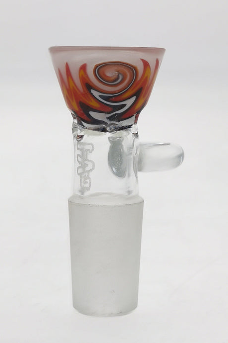 TAG Worked Reversal Bong Slide with Pinched Screen, Handle, Wigwag Design in White/Red/Yellow/Black - Front View