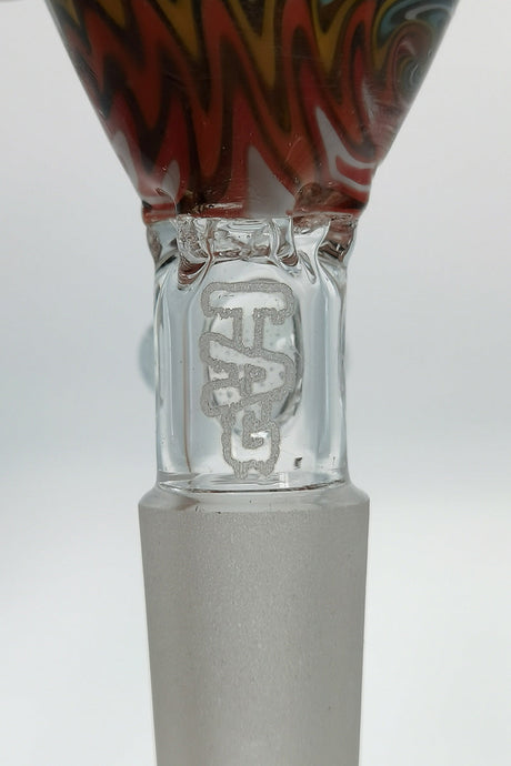 TAG Worked Reversal Bong Slide with Pinched Screen and Handle, Close-up Side View