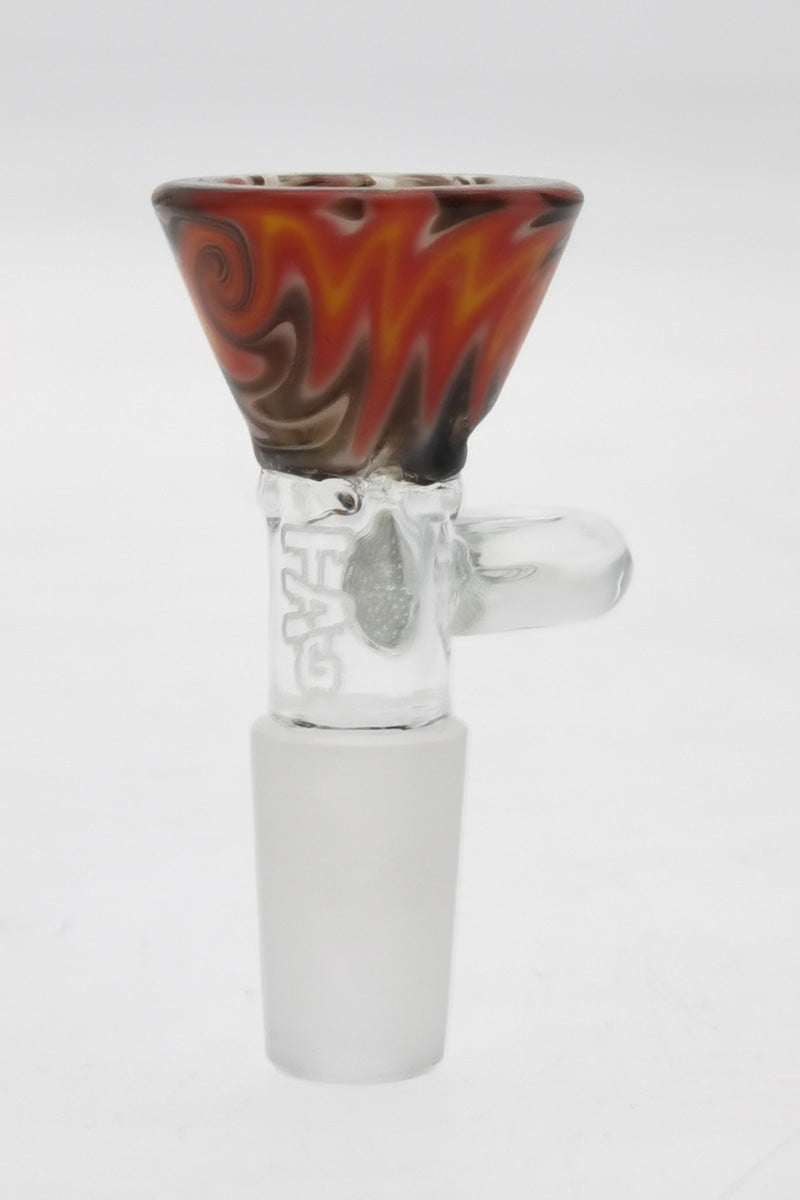 TAG Worked Reversal Glass Bong Bowl w/ Pinched Screen, Handle, Front View on White