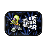 Metal rolling tray with 'Take Me To Your Dealer' alien graphic, 11.25" x 7.25" size, top view