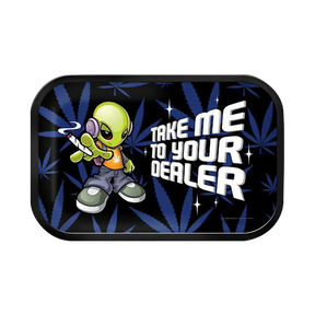 Metal rolling tray with alien graphic, 'Take Me To Your Dealer' slogan, 11.25" x 7.25" size, top view