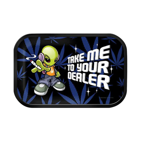 Metal rolling tray with alien graphic, 'Take Me To Your Dealer' slogan, 11.25" x 7.25" size, top view