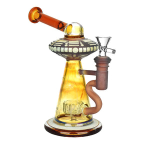 Alien-themed Borosilicate Glass Water Pipe, 7.75" tall, 14mm female joint, front view on white background