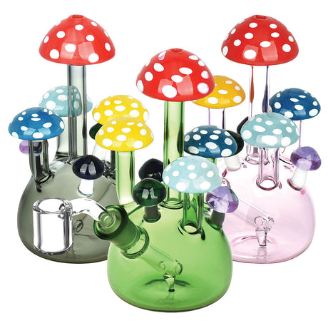 Colorful Shroom Dab Rigs with Mushroom Motifs, Borosilicate Glass, 6-inch Height, Front View