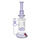 Tataoo Manifest Mandala Water Pipe, 13" tall, 14mm female joint, purple borosilicate glass, intricate design, front view.