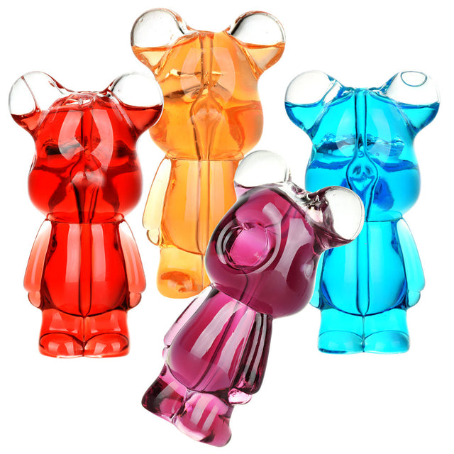 Colorful Teddy Bear Glycerin Hand Pipes, 4.25" Borosilicate Glass, Angled Front View