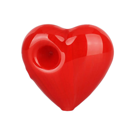 Red heart-shaped borosilicate glass hand pipe, 2.5" size, top view on white background